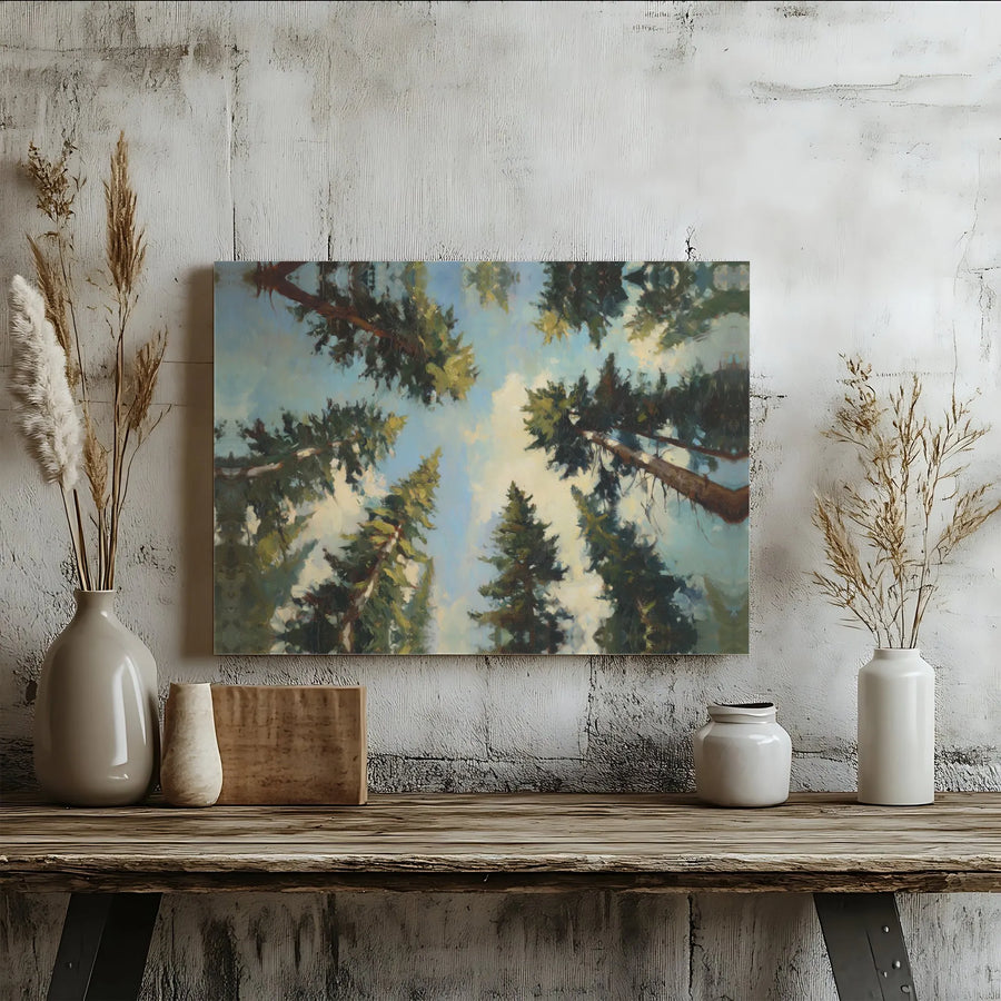 Pine Tree Forest Canvas Wall Art | Looking Up At Blue Sky Nature Print | Gallery Quality 1.25" Profile | Modern Woodland Home Decor Gift