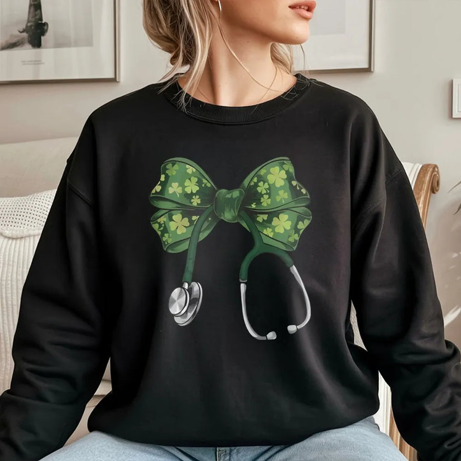 St. Patrick's Day Nurse Sweatshirt | Shamrock Coquette Bow Stethoscope Design | Premium Cotton Blend | Gift For RN LPN Nursing Student