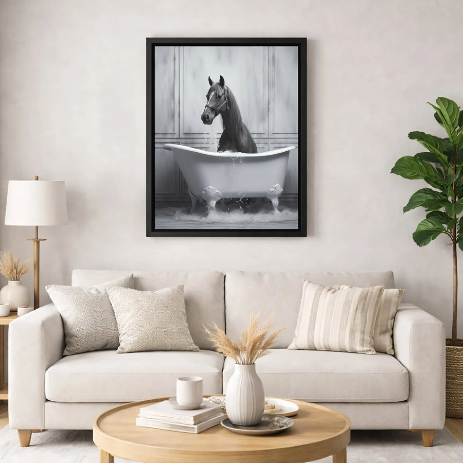 Horse In Bathtub Wall Art | Funny Animal Bathroom Decor Print | Premium Gallery Wrapped Canvas | Whimsical Farmhouse Gift for Animal Lovers