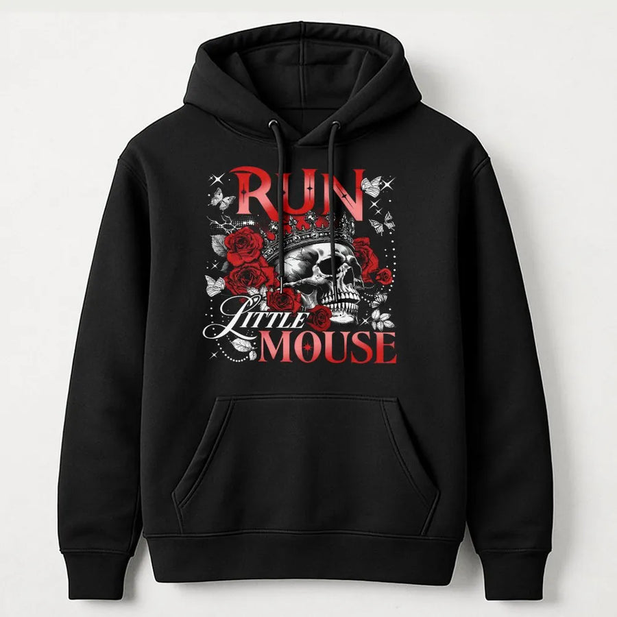 Run Little Mouse Hoodie | Gothic Skull and Rose Graphic Design | Premium Cotton Blend | Dark Romance Bookish Gift for Readers