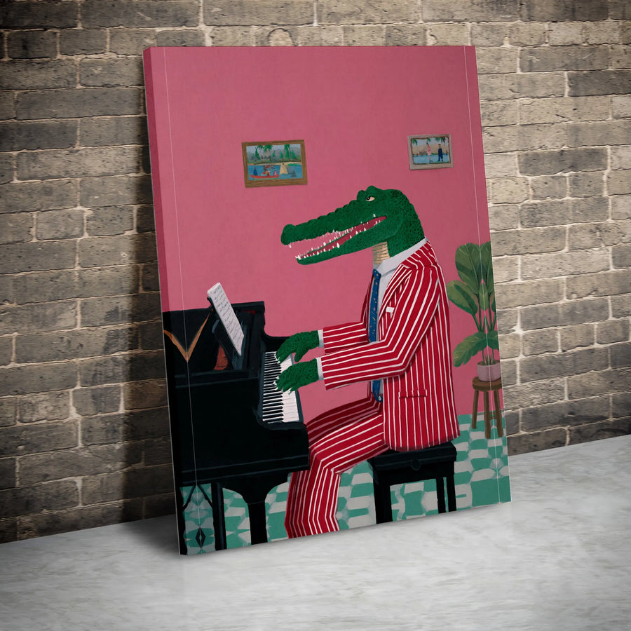 Alligator Playing Piano Canvas Art | Whimsical Animal Musician Print | Premium Gallery Wrapped Canvas | Eclectic Music Room Wall Decor Gift