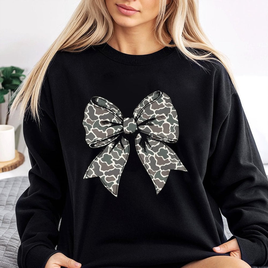 Camo Bow Sweatshirt | Trendy Oversized Grey Camouflage Ribbon Graphic | Premium Cotton Blend | Aesthetic Coquette Gift for Women and Teens