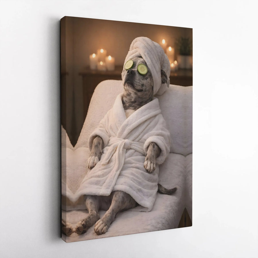 Funny Dog Spa Canvas Wall Art | Relaxing Puppy in Bathrobe Portrait | Premium Gallery Wrap Print | Whimsical Bathroom Decor Gift for Dog Lovers