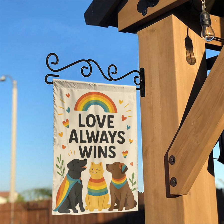 Love Always Wins Garden Flag | Rainbow Dog and Cat Pride Art | Premium Weather-Resistant Polyester | LGBTQ Home Decor Gift for Pet Lovers