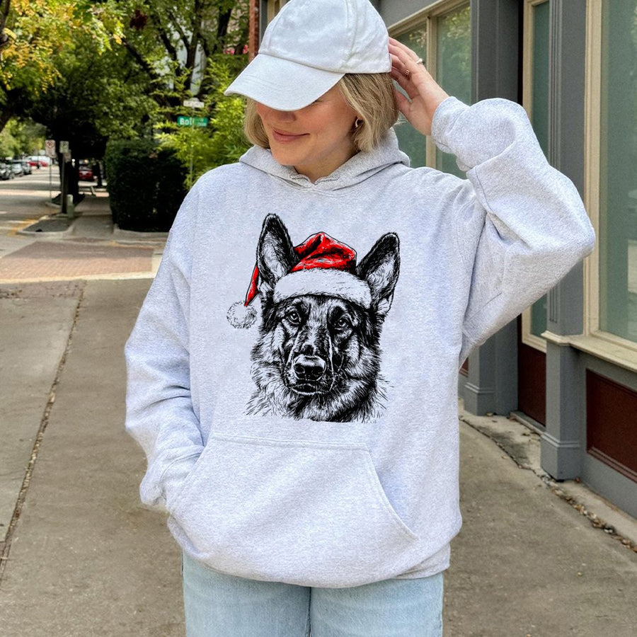German Shepherd Hoodie | Festive Santa Hat Dog Graphic | Premium Cotton Blend Unisex Sweatshirt | Christmas Gift For Dog Lovers