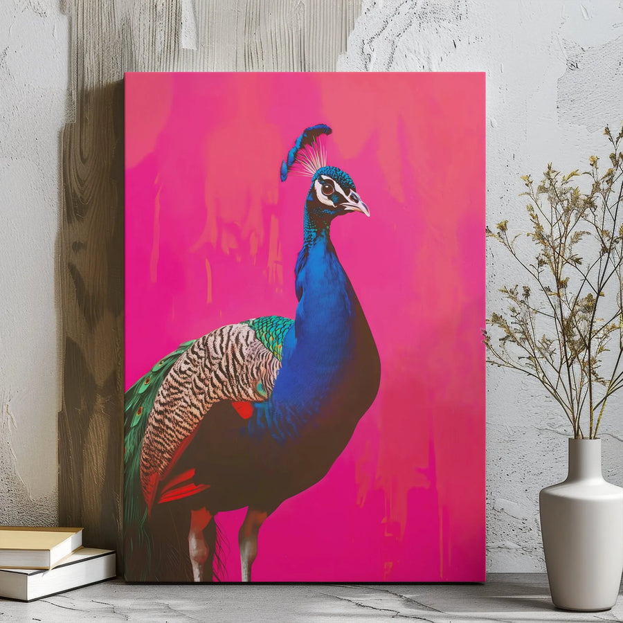 Peacock Wall Art Canvas | Vibrant Hot Pink Bird Print | Premium 1.25 Gallery Wrap | Modern Home Decor Gift for Bird Lovers