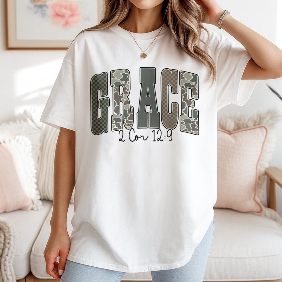 Grace Bible Verse T-Shirt | Camo Typography Graphic Tee | 100% Cotton Premium Quality | Religious Faith Christian Gift for Women and Men