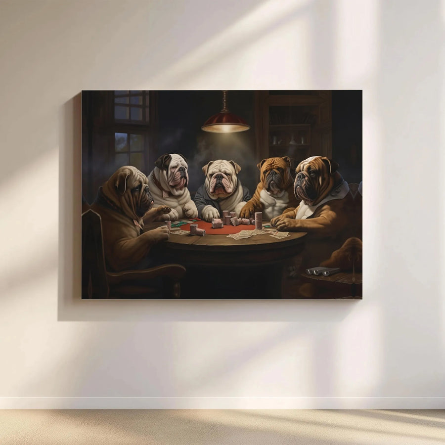 Bulldogs Playing Poker Canvas Wall Art | Funny English Bulldog Poker Night Print | Gallery Quality | Man Cave Decor Gift for Him