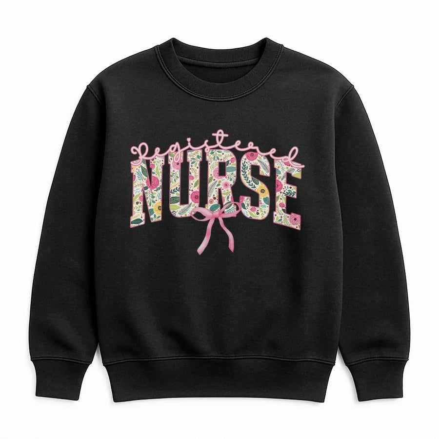 Registered Nurse Sweatshirt | Floral Print Coquette Aesthetic with Pink Bow | Premium Soft Cotton Tee | Gift for RN Nursing School Graduate