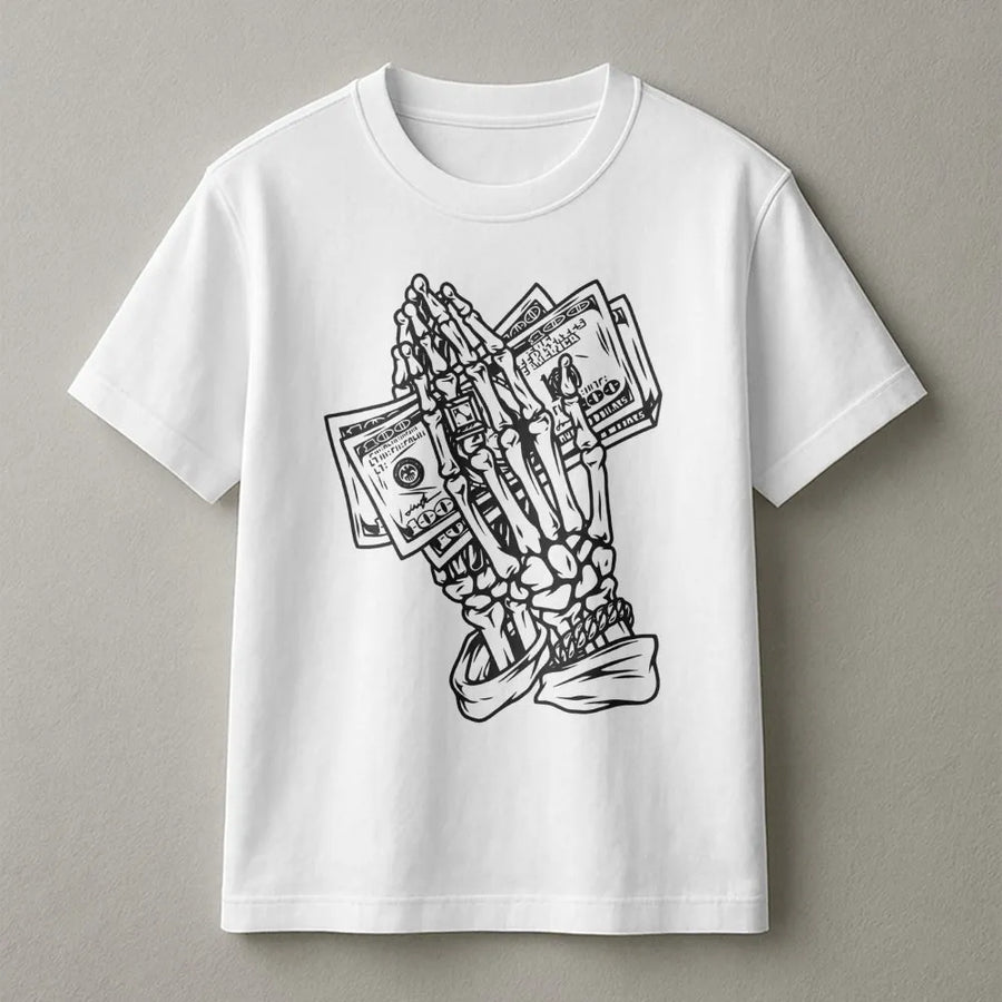 Skeleton Prayer Money T-Shirt | Edgy Gothic Streetwear Graphic | Premium Soft Cotton | Unisex Hip Hop Gift for Men and Women