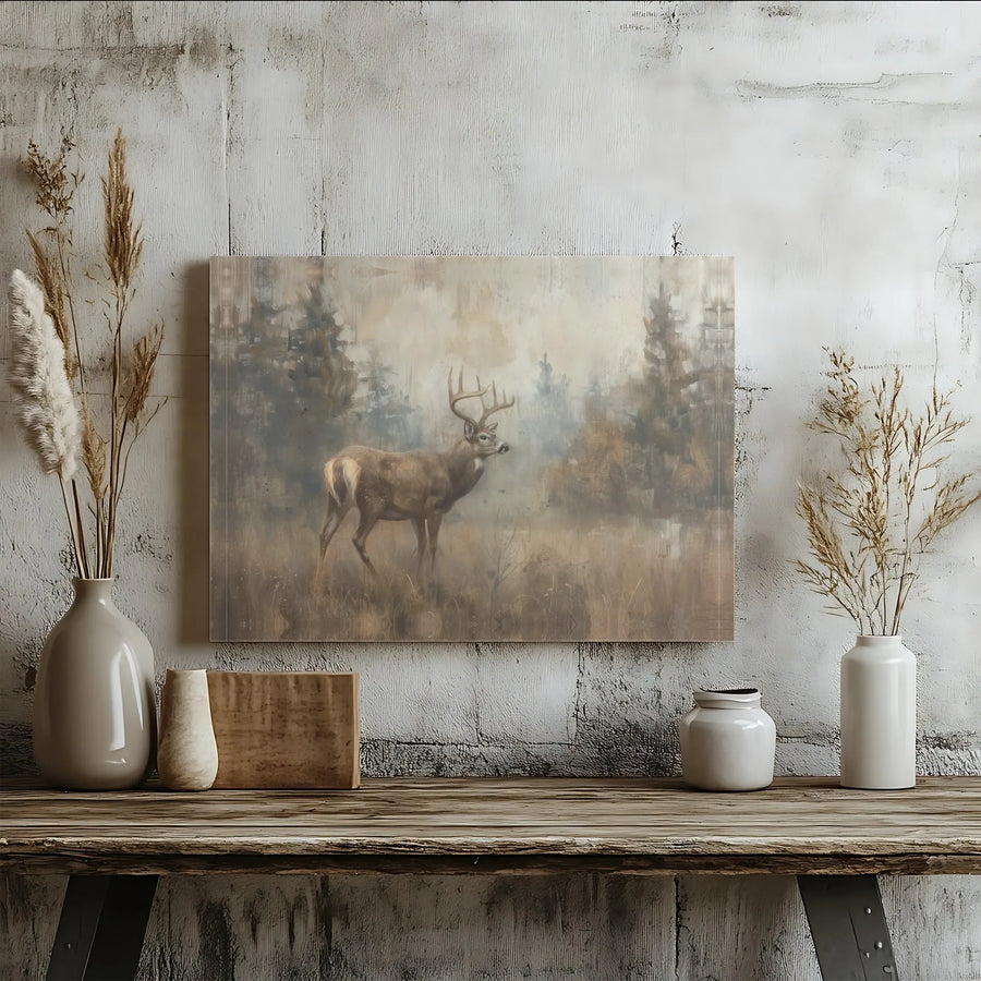 Whitetail Deer Canvas Wall Art | Rustic Misty Forest Painting | Premium Gallery Wrapped Decor | Nature Lover Hunter Gift