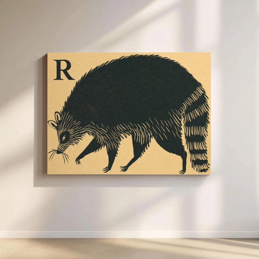Raccoon Wall Art Canvas | Vintage Linocut Alphabet Animal Print | Premium 1.25" Gallery Wrap | Nursery Decor & Wildlife Gift