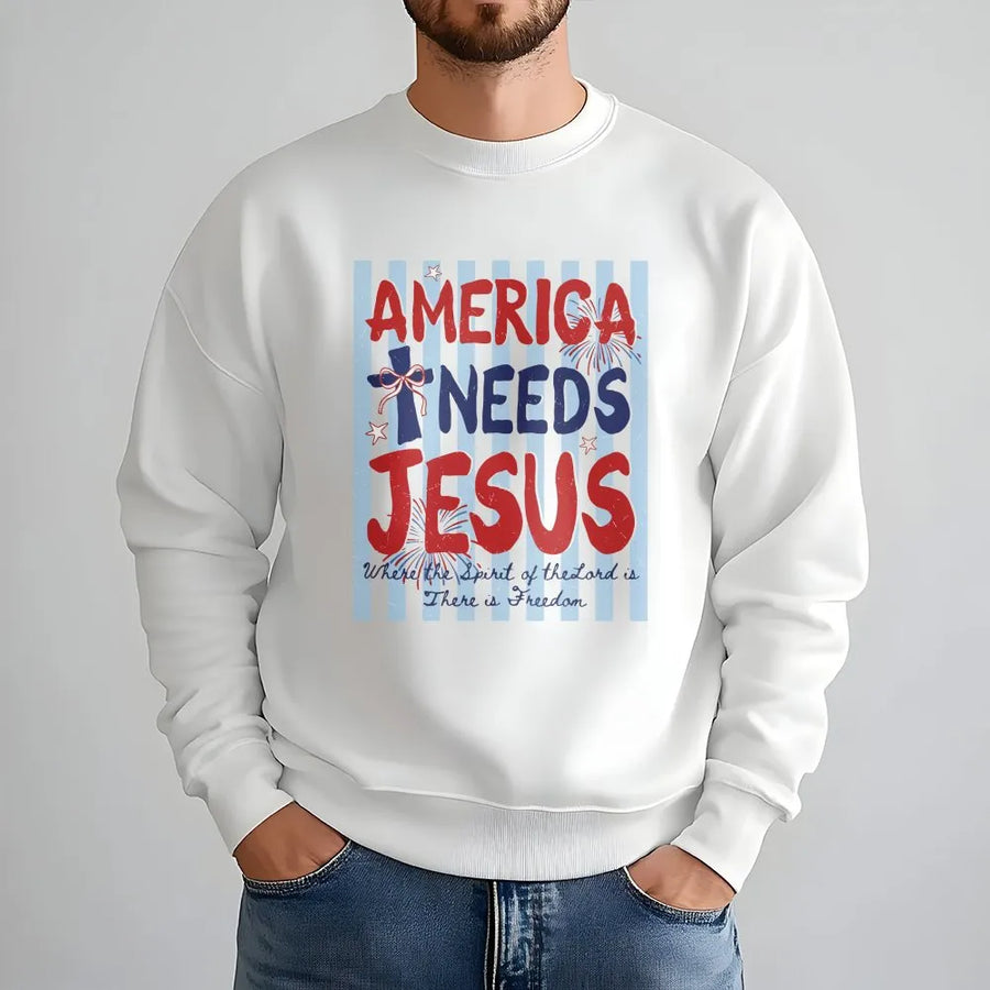 America Needs Jesus Sweatshirt | Patriotic Coquette Bow USA Graphic | Premium Cotton Comfort Colors Tee | 4th of July Christian Faith Gift