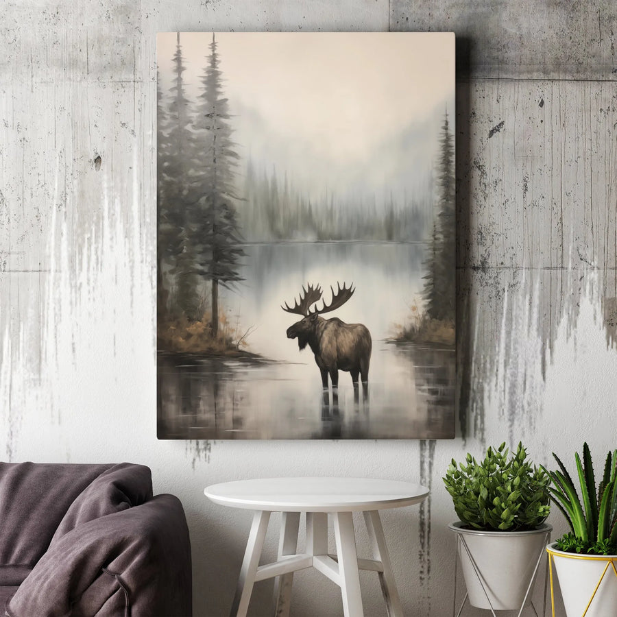 Moose Canvas Wall Art | Misty Forest Lake Landscape | 1.25 Inch Premium Gallery Wrap | Rustic Nature Home Decor Gift for Wilderness Lovers