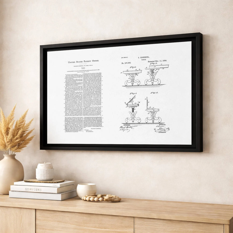 Vintage Table Patent Print | 1884 Industrial Drawing Wall Art | Premium Gallery Wrapped Canvas | Gift for Architect Engineer or Office Decor