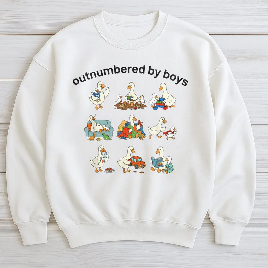 Funny Boy Mom Sweatshirt | Outnumbered By Boys Goose Graphic | Cozy Cotton Blend | Mothers Day Gift for Boy Mama