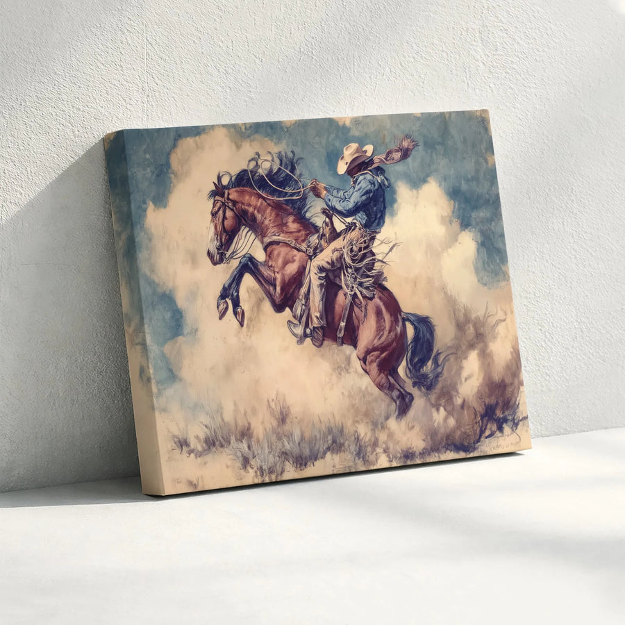 Western Cowboy Wall Art | Bucking Bronco Canvas Print | Premium Fade-Resistant Gallery Wrap | Rustic Home Decor for Living Room Gift