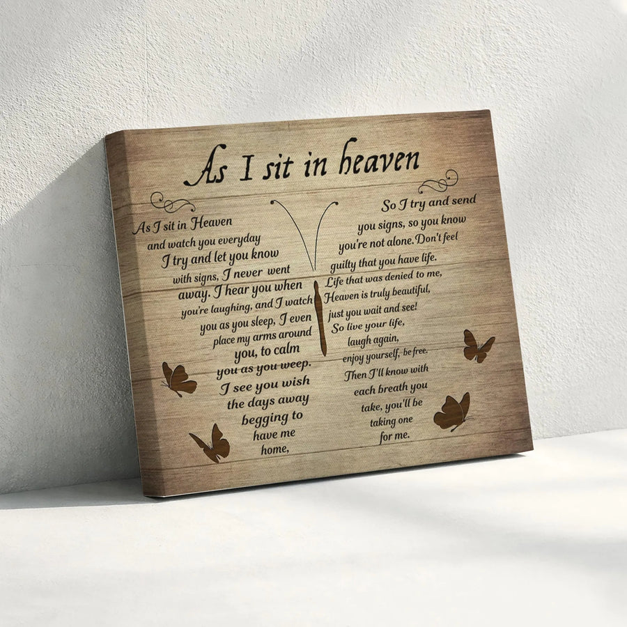 As I Sit In Heaven Canvas Print | Butterfly Poem on Faux Wood Wall Art | Premium Gallery Wrap Canvas | Sympathy Gift for Loss of Loved One