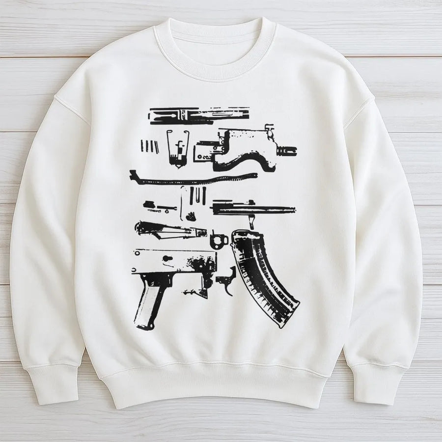Gun Schematic Sweatshirt | Exploded View Rifle Blueprint | Premium Cotton Blend Pullover | Gift for Gun Enthusiast