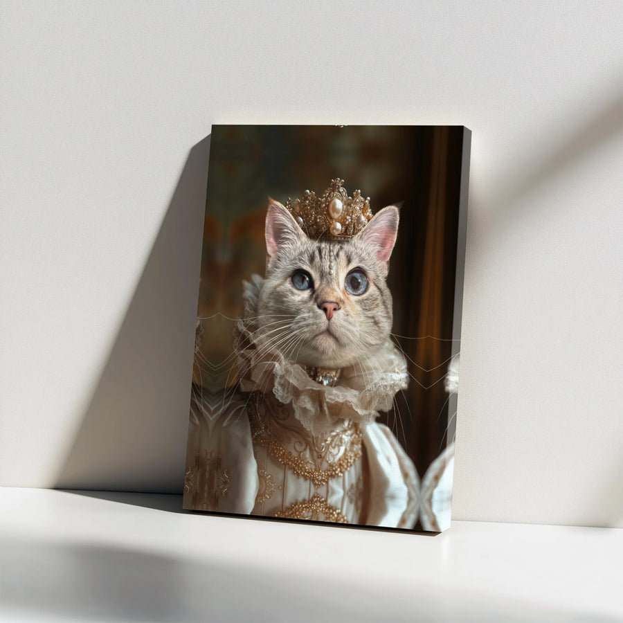 Queen Cat Canvas Wall Art | Funny Renaissance Pet Portrait with Crown | Premium Gallery Wrapped Canvas | Collector's Gift for Cat Lover
