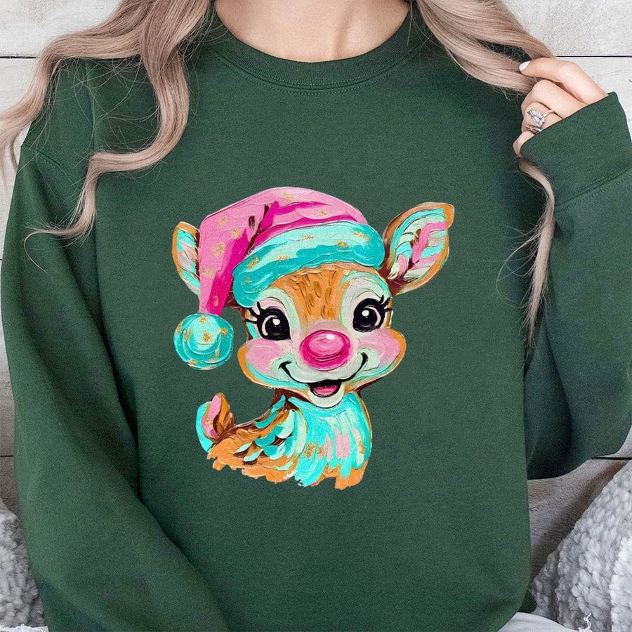 Retro Reindeer Christmas Sweatshirt | Colorful Brushstroke Holiday Art | Soft Cotton Blend Unisex Pullover | Festive Gift For Her Him