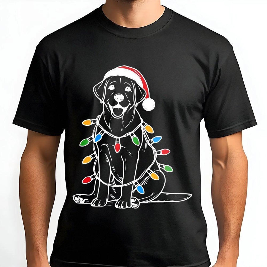 Labrador Christmas T-Shirt | Festive Dog With Holiday Lights Graphic | 100% Cotton Premium Tee | Cute Lab Lover Holiday Gift For Men And Women