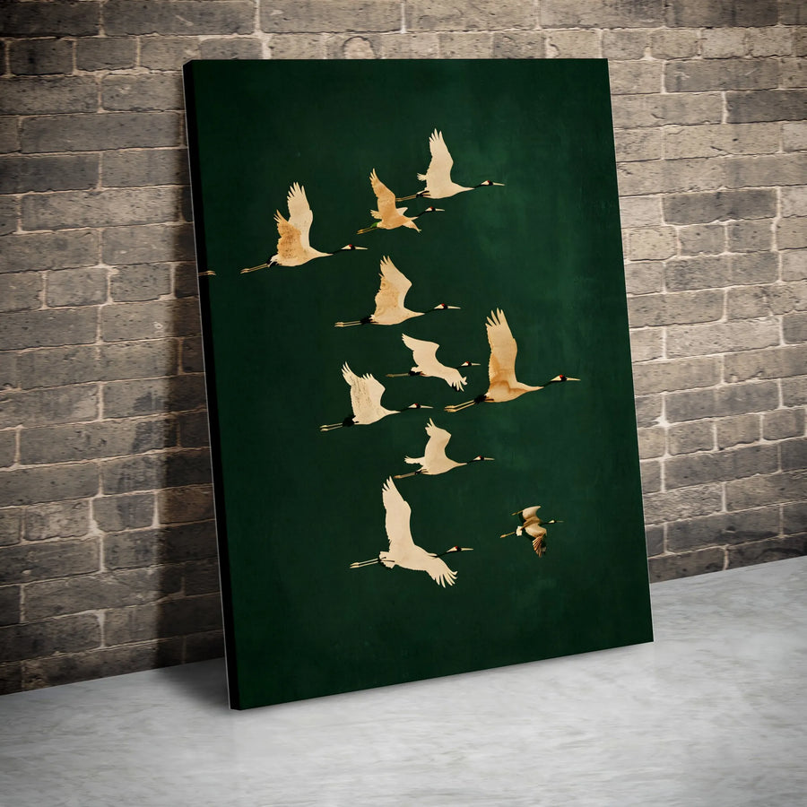 Japanese Crane Wall Art | Minimalist Flying Birds On Forest Green | Premium Gallery Wrapped Canvas | Elegant Home Decor Gift