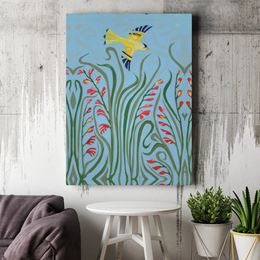 Art Nouveau Bird Canvas Print | Yellow Goldfinch & Floral Meadow | Premium Gallery Wrap Wall Art | Botanical Home Decor Gift for Nature Lover