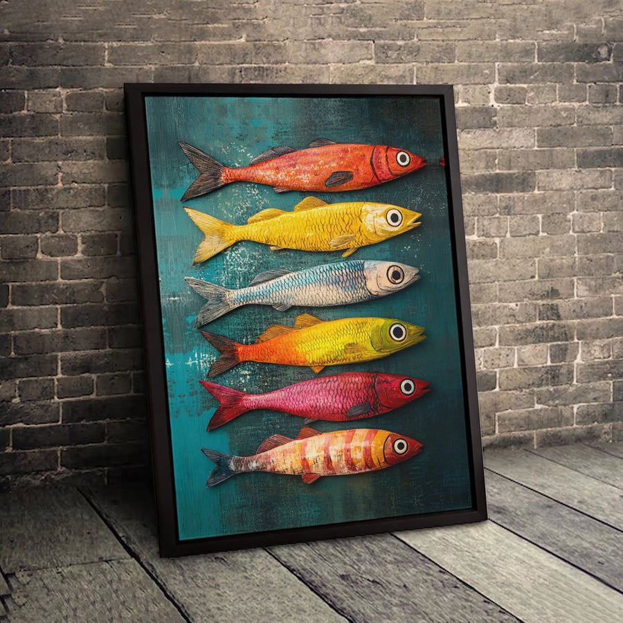 Colorful Fish Canvas Wall Art | Whimsical Nautical School of Fish Decor | Premium Gallery Wrap Canvas | Coastal Home Office Living Room Decor Gift