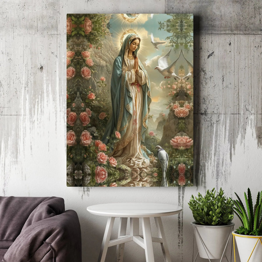 Virgin Mary Canvas Print | Religious Art with Doves and Roses | Premium 1.25-inch Gallery Wrapped | Catholic Wall Decor Gift