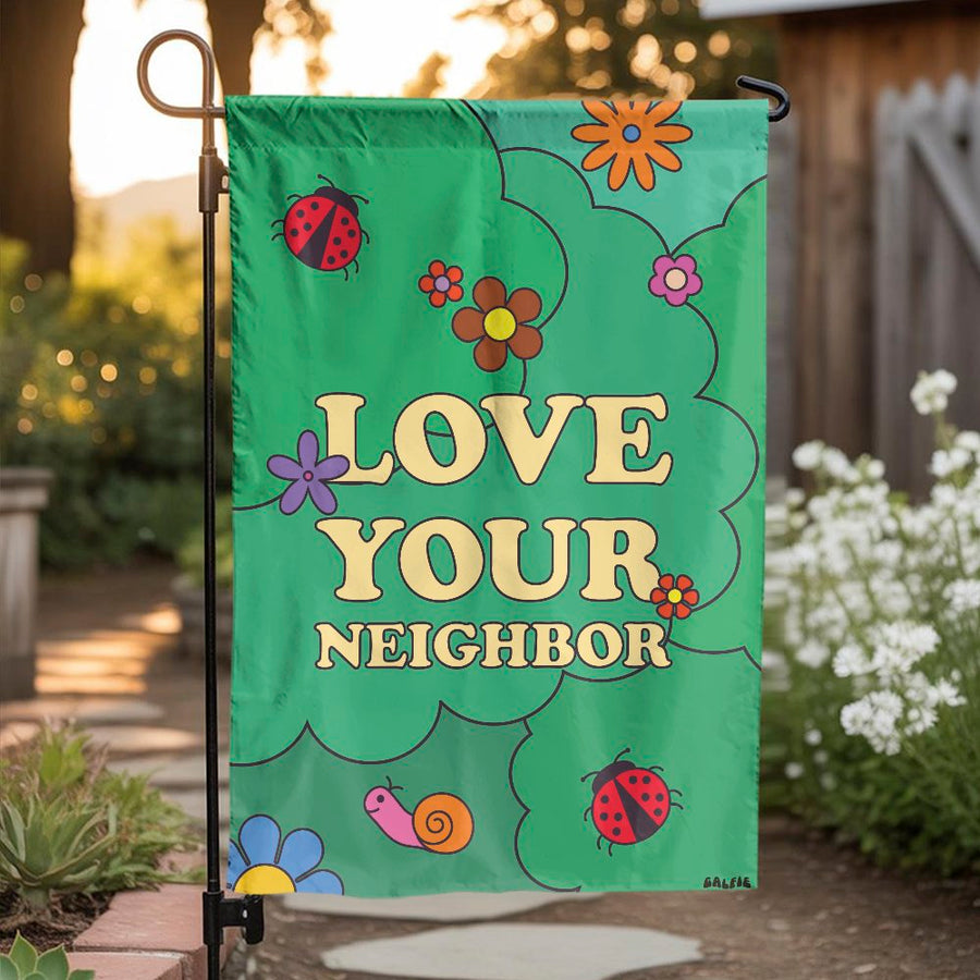 Love Your Neighbor Garden Flag | Retro Floral Ladybug Outdoor Decor | Double-Sided Premium Polyester | Vibrant Spring House Flag Yard Gift