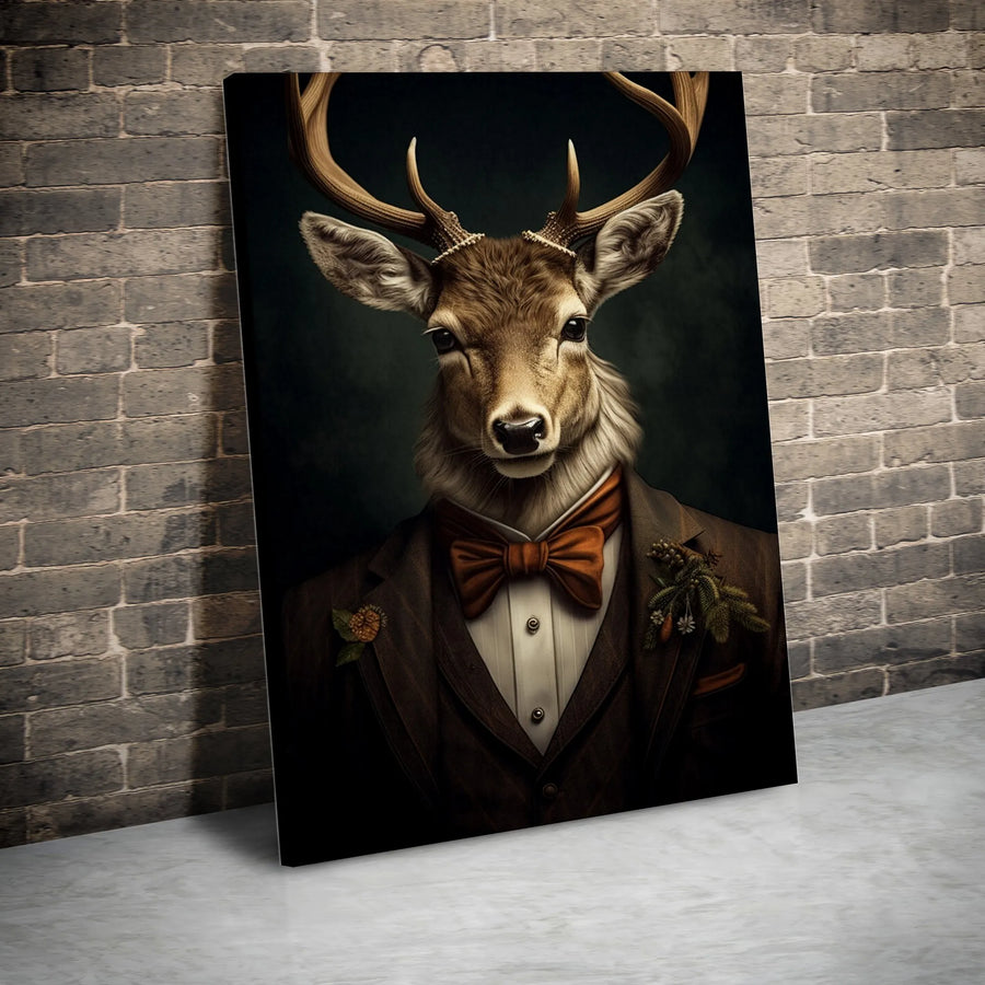 Gentleman Deer Portrait Canvas | Anthropomorphic Woodland Animal Wall Art | Premium Gallery-Wrapped Print | Unique Office Decor Gift