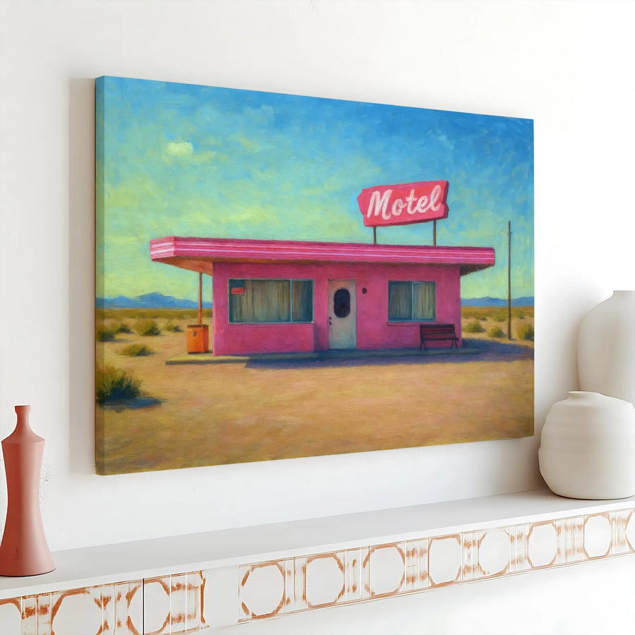 Retro Desert Motel Canvas Print | Painterly Road Trip Landscape | Gallery Wrapped Canvas Art | Premium Home & Office Decor Gift