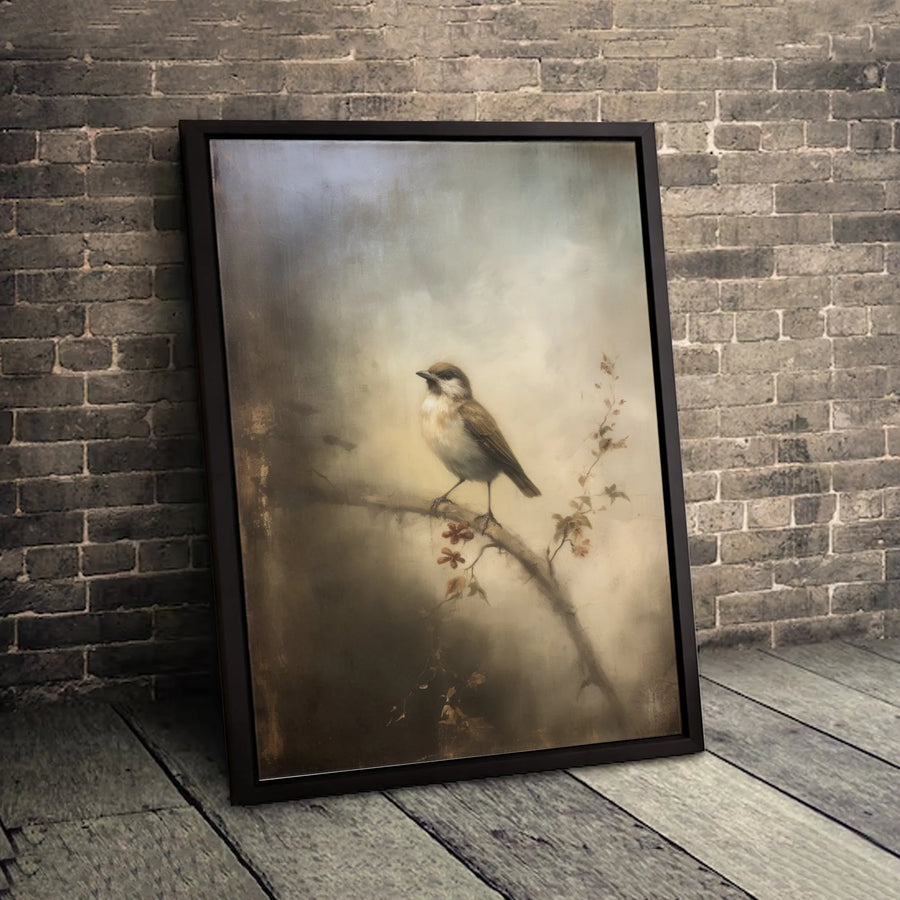 Vintage Bird Wall Art Canvas | Moody Botanical Nature Print | Premium Fade-Resistant Gallery Wrap | Elegant Living Room Home Decor Gift