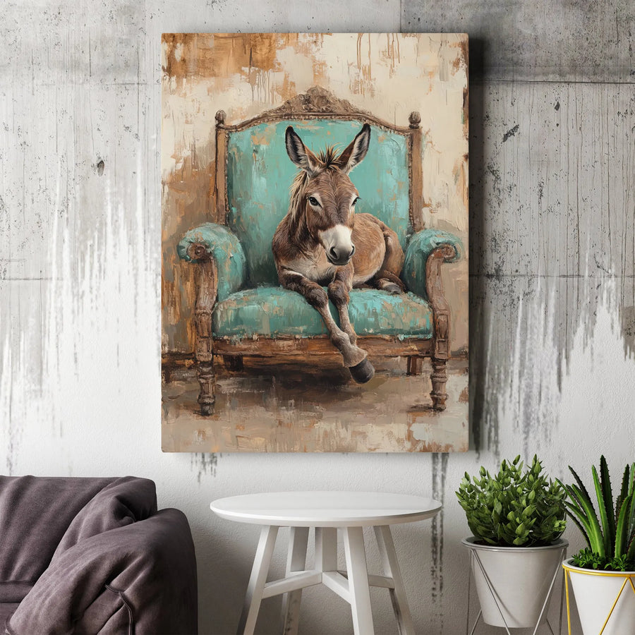 Donkey Sitting in Vintage Armchair Wall Art | Whimsical Farm Animal Portrait | Premium Gallery-Wrapped Canvas | Unique Home Decor Gift for Animal Lovers