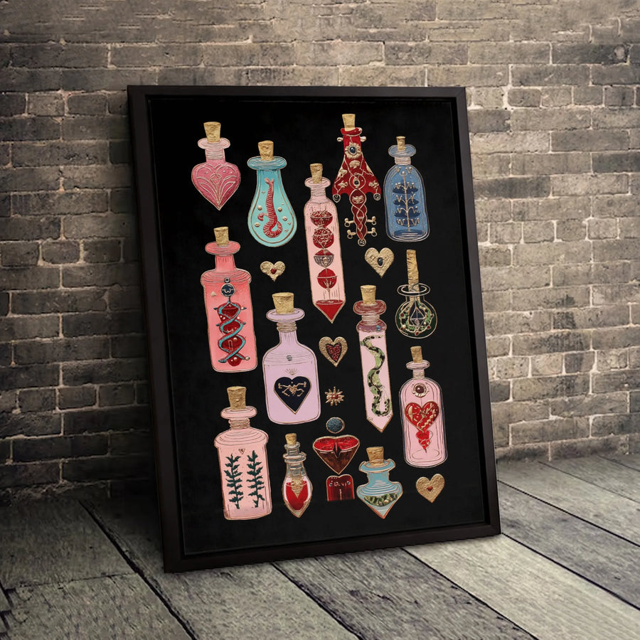 Witchcraft Love Potions Canvas Art | Gothic Magic Potion Bottle Print | Premium 1.25 Inch Gallery Wrap | Spooky Home Decor Gift