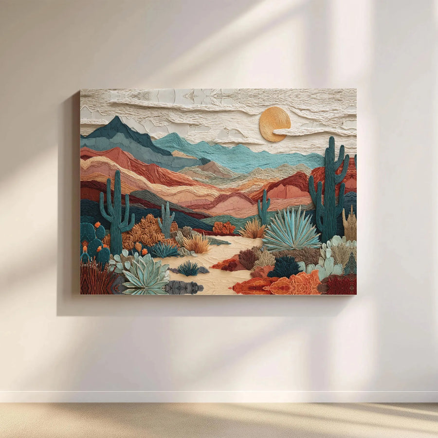 Southwestern Desert Landscape Canvas Art | Textured Boho Mountain Cactus Print | Premium 1.25" Gallery Wrap | Modern Home Decor Wall Hanging