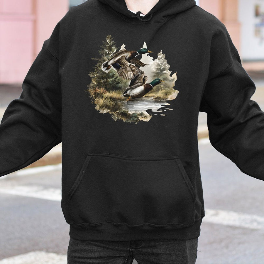 Mallard Duck Hoodie | Vintage Watercolor Wildlife Nature Print | Soft Cotton Blend Pullover | Outdoorsman Hunting Gift for Him and Her