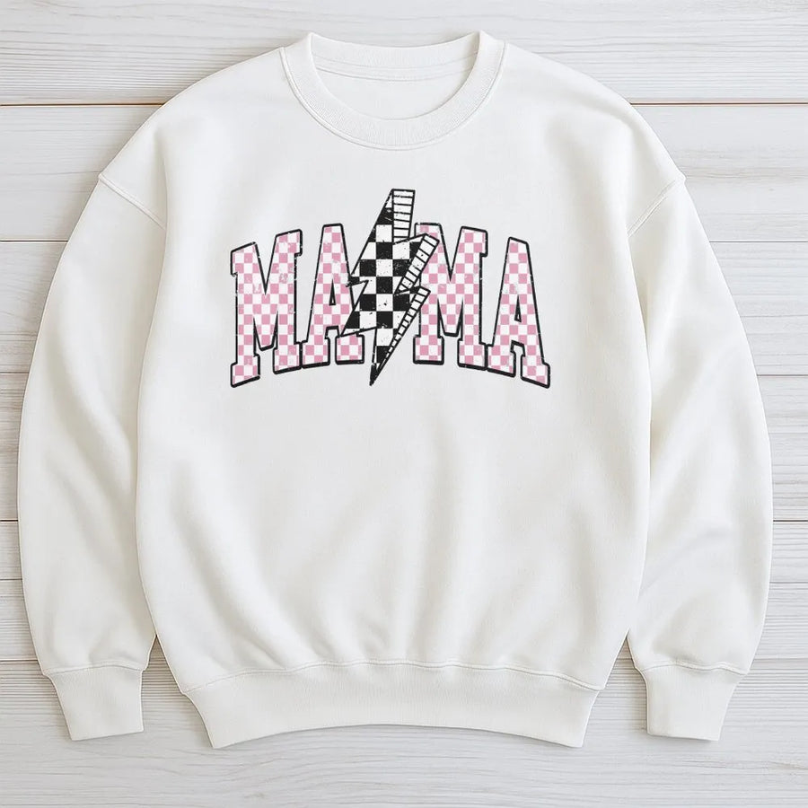 Retro Mama Sweatshirt | Checkerboard Lightning Bolt Varsity Graphic | Soft Cotton Blend | Mothers Day Gift for New Mom
