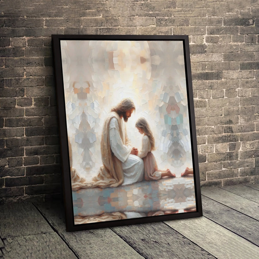 Jesus Praying With Little Girl Canvas Wall Art | Impressionist Religious Decor | 1.25" Gallery Wrap Premium Print | Spiritual Gift for Home