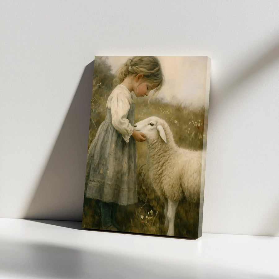 Girl With Lamb Canvas Wall Art | Vintage Pastoral Countryside Oil Painting Print | Premium Gallery Wrap Decor | Farmhouse Aesthetic Gift