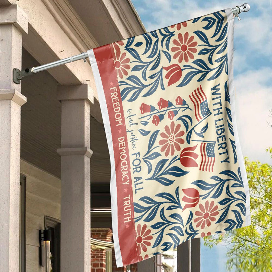 Patriotic House Flag | With Liberty And Justice For All Floral Design | Premium UV-Resistant Polyester | American Garden Decor Gift