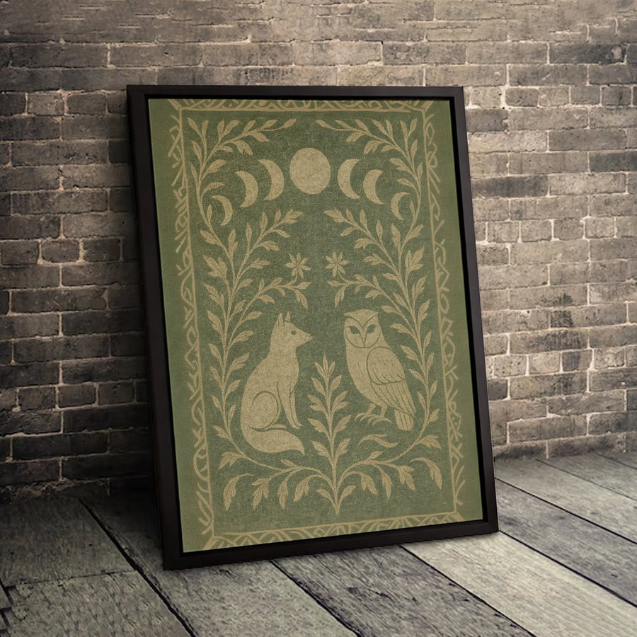 Fox and Owl Wall Art | Moon Phases Folk Art Illustration | Premium Gallery Wrapped Canvas | Forestcore Home Decor Gift