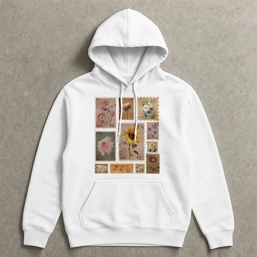 Vintage Flower Stamp Hoodie | Botanical Postage Stamp Graphic | Soft Cotton Blend | Gift for Plant Lover