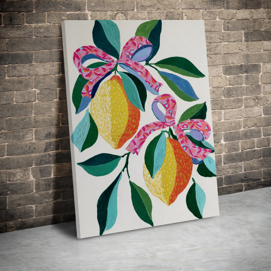 Lemon Wall Art with Pink Bows | Colorful Fruit Canvas Print | 1.25 Inch Gallery Wrap | Kitchen Decor and Dining Room Gift
