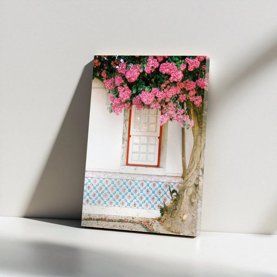 Lisbon Portugal Canvas Wall Art | Alfama District Pink Bougainvillea & Azulejo Tile Scene | Premium Fade-Resistant Print | European Home Decor Gift