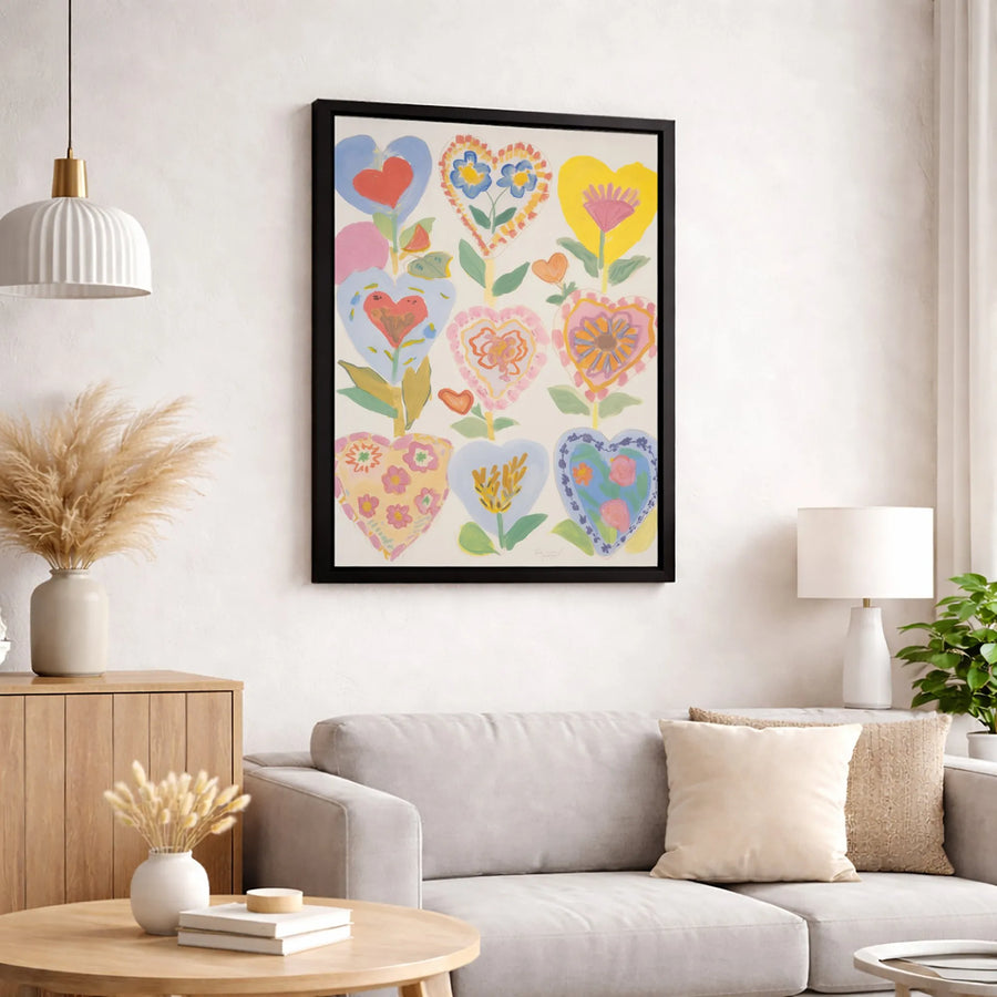 Folk Art Heart Flowers Canvas Wall Art | Colorful Botanical Floral Print | Gallery Quality Premium Decor | Romantic Gift For Her Home