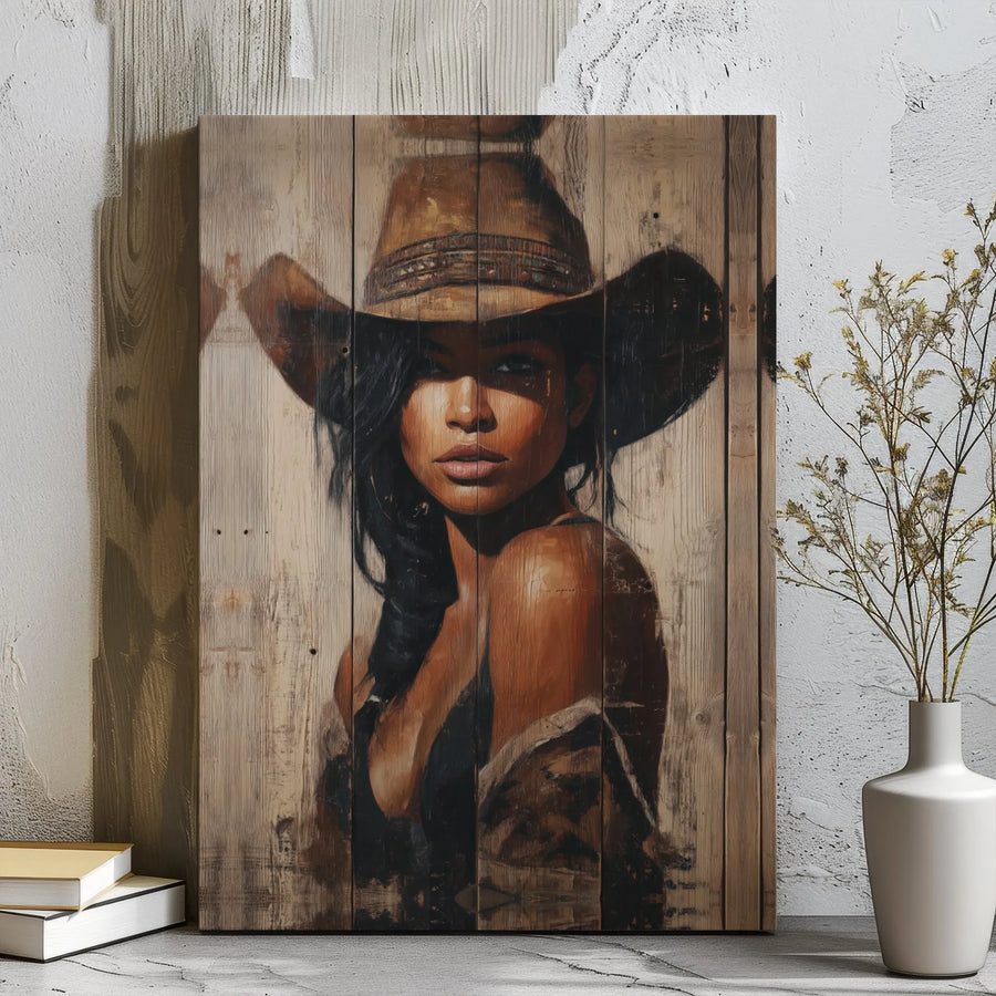 Black Cowgirl Wall Art | Rustic Western Portrait on Wood Grain | Premium Gallery Wrap Canvas | Unique Farmhouse Decor for Home or Office