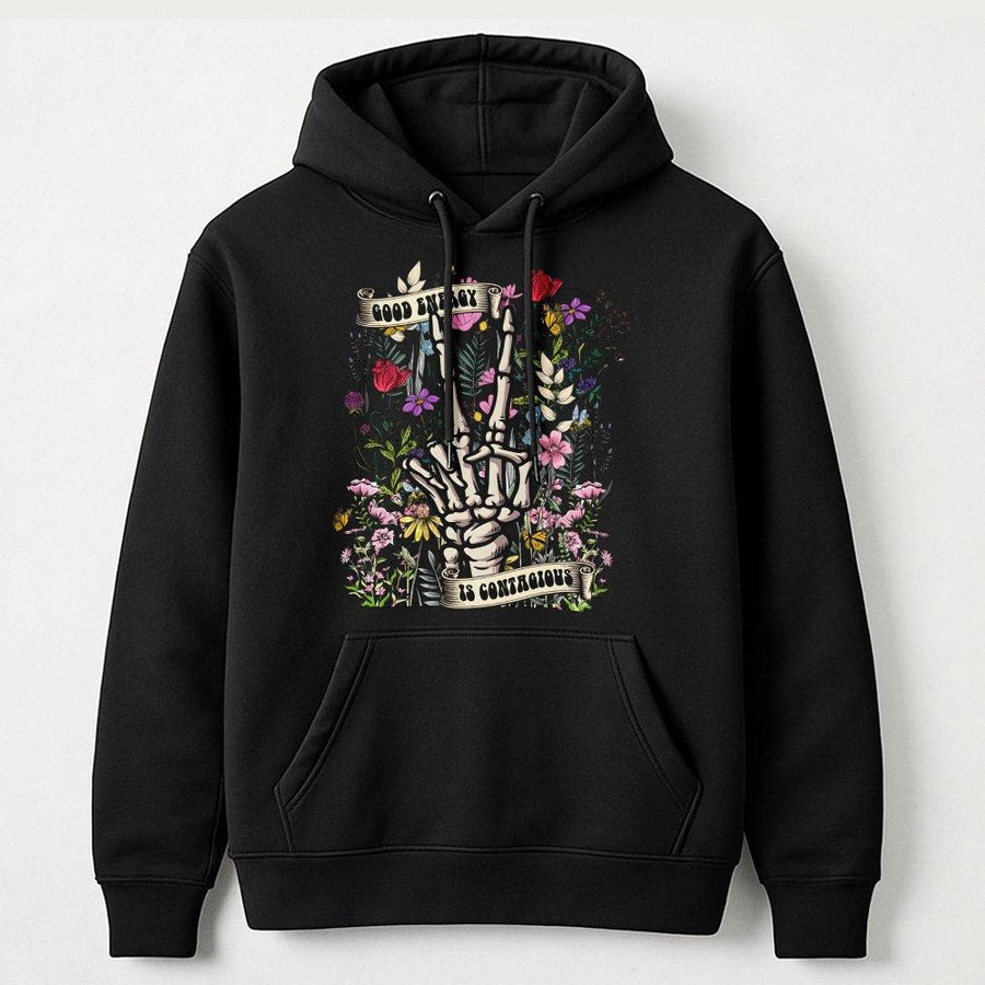 Good Energy Hoodie | Skeleton Peace Sign Floral Graphic | Soft Cotton Blend Streetwear | Positive Vibes Gift for Women & Men