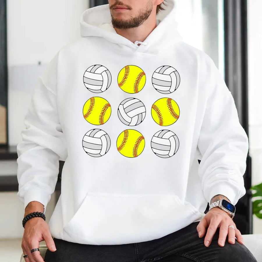 Softball Volleyball Hoodie | Graphic Ball Pattern Print | Premium Cotton-Poly Blend | Gift for Sporty Mom or Athlete